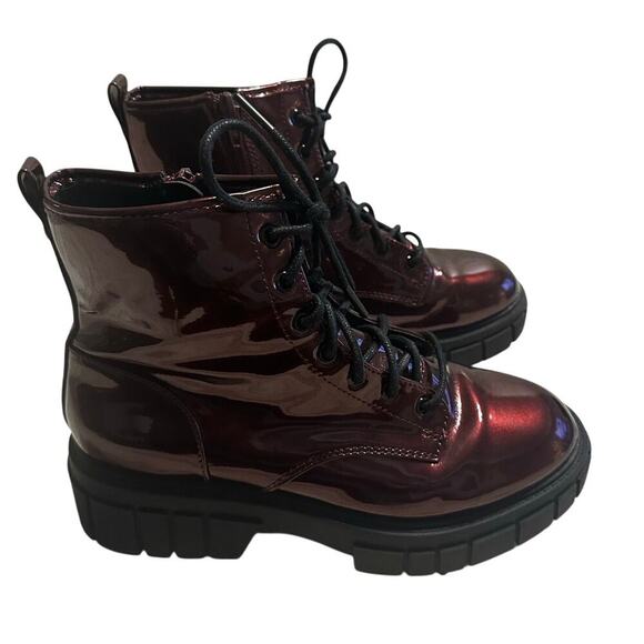 Madden NYC Metallic Maroon Lace Up Combat Boots Size 5 Moto Edgy Ankle Big Girl